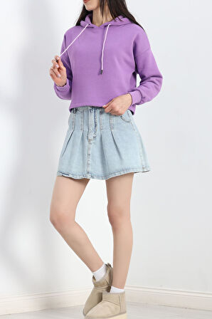 Kapşonlu 3 İplik Crop Sweat Lila - 20969.1878.