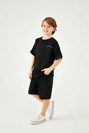Bisiklet Yaka Düşük Omuz Basic Nakışlı Şortlu Unisex Çocuk İkili Takım Siyah