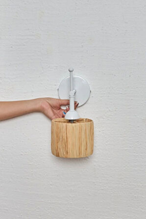 Bohem Hasır Rafya Saçaksız Yuvarlak El Yapımı Beyaz Kablosuz Pilli Ledli Aplik