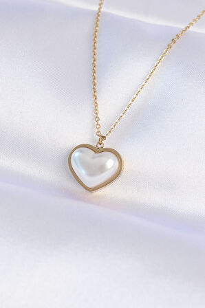 316L Çelik Zincir Gold Renk Beyaz Taşlı Bubble Kalp Kolye