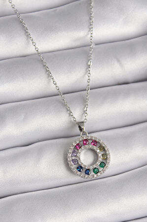 316L Çelik Gümüş Renk Zincir Renkli Zirkon Taşlı Madalyon Model Kadın Kolye
