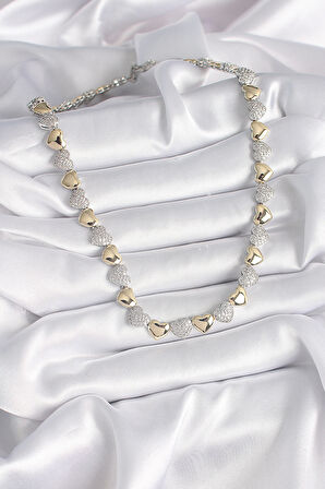 Pirinç Mix Renk Zirkon Taşlı Kalp Model VIP Exclusive Seri Kadın Kolye