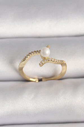 Pirinç Gold Renk Zirkon Taşlı İncili Ayarlanabilir Yüzük