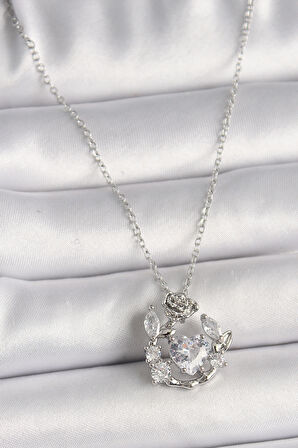 316L Çelik Gümüş Renk Zincir Zirkon Taşlı Kalp Figür Gül Detay Kadın Kolye