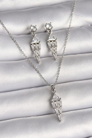 316L Çelik Gümüş Renk Zincir Sallantı Zirkon Taş Model Kadın Kolye Küpe Seti