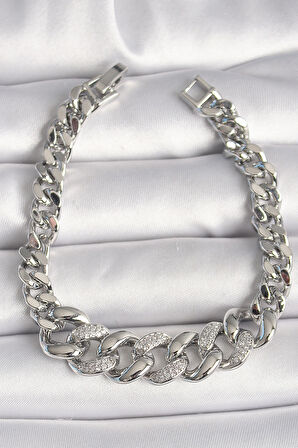 Pirinç Gümüş Renk Zirkon Taşlı Kalın Halka Model Kadın Bileklik