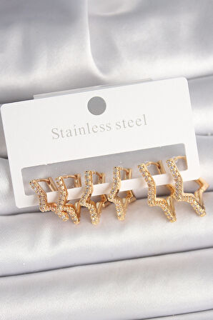 Pirinç Gold Renk Zirkon Taşlı 3 Çift Yıldız Model Kadın Küpe