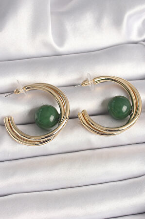 Pirinç Gold Renk Halka Model Yeşil Boncuk Detay Kadın Küpe