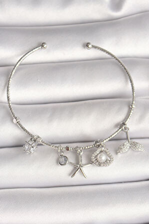 Pirinç Gümüş Renk Sallantı Zirkon Taşlı Deniz Yıldız Figür Balık Kuyruğu Detay Charm Kadın Bileklik