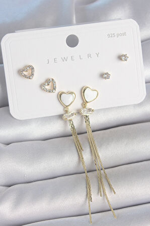 Pirinç Gold Renk Beyaz Mineli Sallantı Mineli Kalp Model Zirkon Taş Detaylı 925 Ayar Gümüş Çivi Kadın Küpe Seti