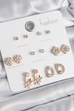 Pirinç Gold Renk Zirkon Taşlı Çiçek Figür 7 Çift Kadın Küpe Seti