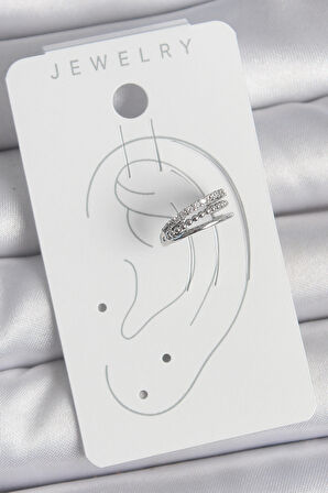 Pirinç Gümüş Renk Zirkon Taşlı 3'Lü Sıralı Model Kadın Kıkırdak Küpe