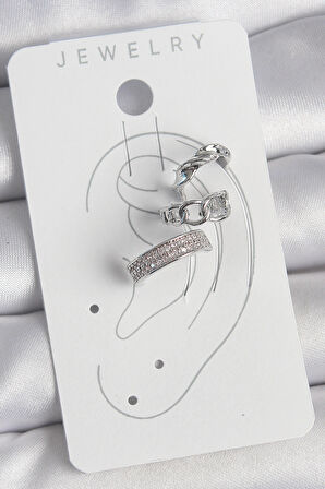 Pirinç Gümüş Renk Zirkon Taşlı 3'Lü Zincir Sarmal Model Kadın Kıkırdak Küpe