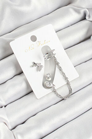 Pirinç Kelebek Figürlü Zirkon Taşlı Gümüş Renk 3'lü Kıkırdak Kadın Küpe Set