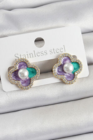 Pirinç Mor Mineli İnci Detaylı Zirkon Taşlı Sanatsal Portre Yonca Model Gold Renk Kadın Küpe