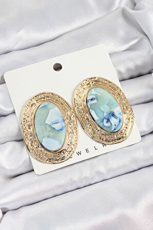 Pirinç Mermer Desenlli Mavi Sedef Oval Vintage Model Gold Renk Kadın Küpe