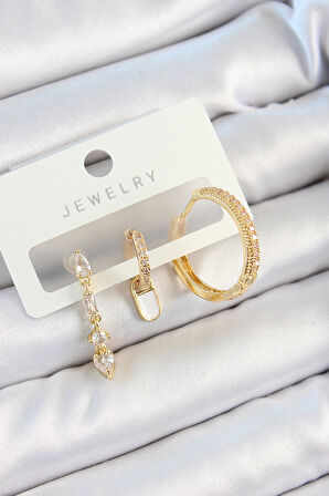 Pirinç Zirkon Taşlı Sallantılı Model Gold Renk 3'lü Çift Kadın Küpe Set