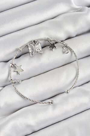 Pirinç Zirkon Taşlı Kelebek Ve Yıldız Model Gümüş Renk Charm Bileklik