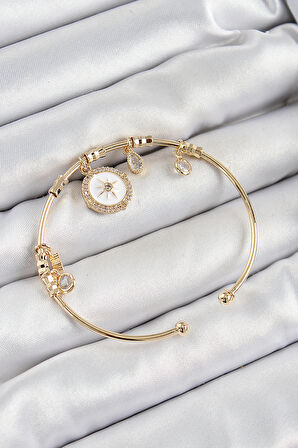 Pirinç Zirkon Taşlı Pusula Model Gold Renk Charm Bileklik
