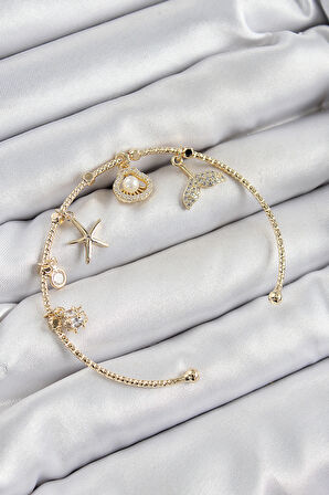 Pirinç Zirkon Taşlı İstiridye Ve Deniz Yıldızı Model Gold Renk Charm Bileklik