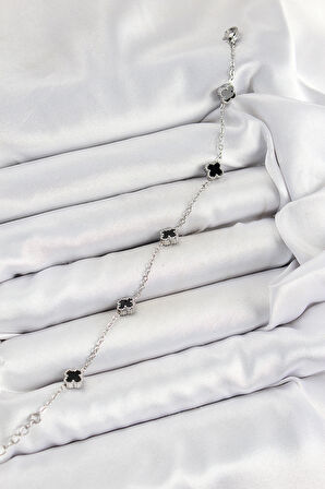 316L Çelik Siyah Sedef Yonca Model Gümüş Renk Kadın Bileklik