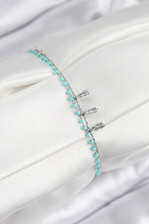 Pirinç Zirkon Taşlı Mavi Boncuklu Model Gümüş Renk Kadın Bileklik