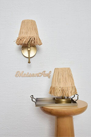 3'lü Set Rafya Saçaklı Kablosuz Pilli Aplik & Rafya Saçaklı Masa Lambası & Galvaniz Tepsi