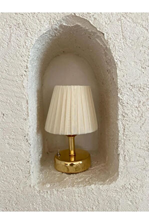 Osmanlı İpeği Pileli Kablosuz Masa Lambası -Alt Parlak Gold Led Işık ( 9v Pil 75-90 Saat)