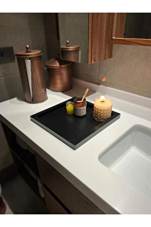 Kare Tepsi Siyah Renk Dekorasyon Düzenleyici Ahşap Tepsi