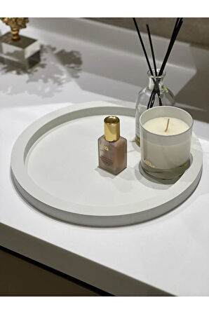 Ahşap Yuvarlak Tepsi Beyaz Rengi Model Dekorasyon Düzenleyici