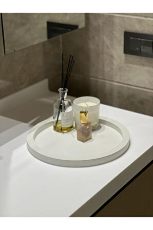 Ahşap Yuvarlak Tepsi Beyaz Rengi Model Dekorasyon Düzenleyici