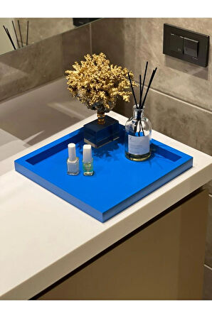 Kare Mavi Rengi Model Dekorasyon Düzenleyici Ahşap Tepsi