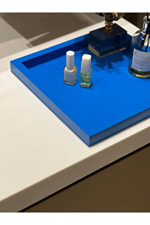 Kare Mavi Rengi Model Dekorasyon Düzenleyici Ahşap Tepsi