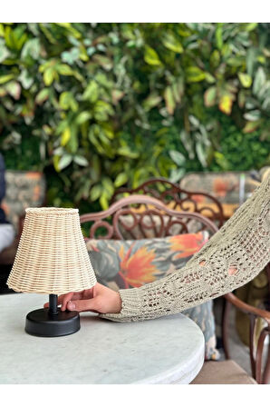 Rattan & Bambu Masa Üstü Kablosuz Pilli Abajur Masa Lambası Siyah