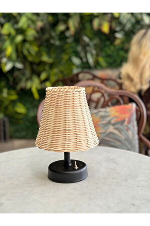 Rattan & Bambu Masa Üstü Kablosuz Pilli Abajur Masa Lambası Siyah