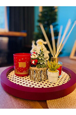 Rattan Hazeran Yuvarlak Tepsi Bordo (%100 Doğal Hazeran)