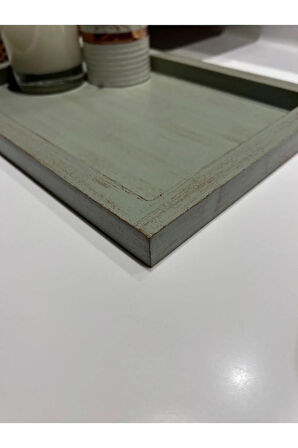 Dikdörtgen Tepsi Ihlamur Yeşili Eskitme Geçişli Model Dekorasyon Düzenleyici Ahşap Tepsi