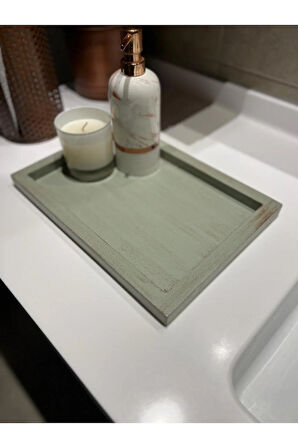 Dikdörtgen Tepsi Ihlamur Yeşili Eskitme Geçişli Model Dekorasyon Düzenleyici Ahşap Tepsi