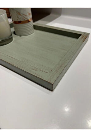 Dikdörtgen Tepsi Ihlamur Yeşili Eskitme Geçişli Model Dekorasyon Düzenleyici Ahşap Tepsi