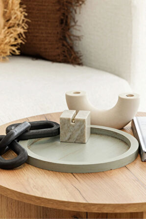 Ihlamur Rengi YUvarlak Sunum Dekorasyon Düzenleyici Ahşap Tepsi