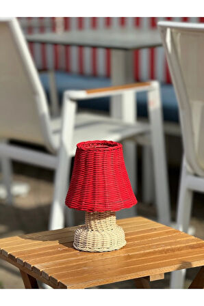 Kırmızı Rattan & Bambu Masa Üstü Kablosuz Pilli Abajur Alt- Üst Rattan Masa Lambası