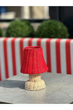 Kırmızı Rattan & Bambu Masa Üstü Kablosuz Pilli Abajur Alt- Üst Rattan Masa Lambası