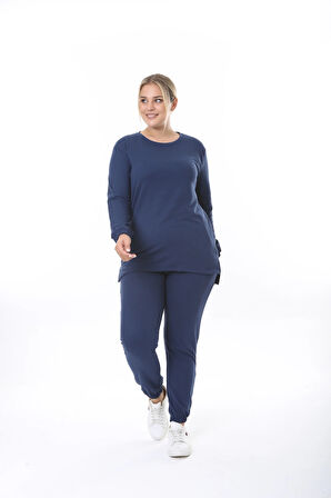 Kadın Düz Renk Büyük Beden Uzun Kol Lastikli İkiiplik Takım