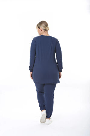 Kadın Düz Renk Büyük Beden Uzun Kol Lastikli İkiiplik Takım