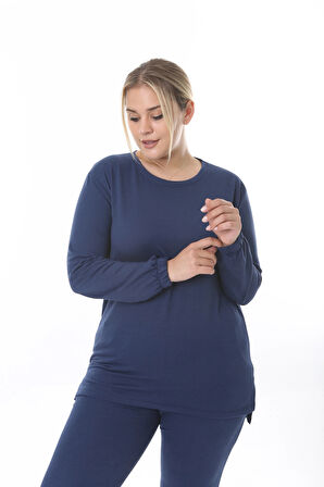 Kadın Düz Renk Büyük Beden Uzun Kol Lastikli İkiiplik Takım