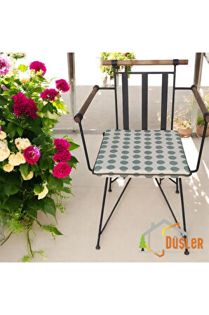 40x40 Yeşil Puantiyeli Krem Su ve Leke İtici Fermuarlı Bağcıklı Yeşil Biyeli Sandalye Minderi 4 cm