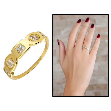 Zirkon Taşlı Geometrik Tasarım Gold Renk 925 Ayar Gümüş Kadın Yüzük