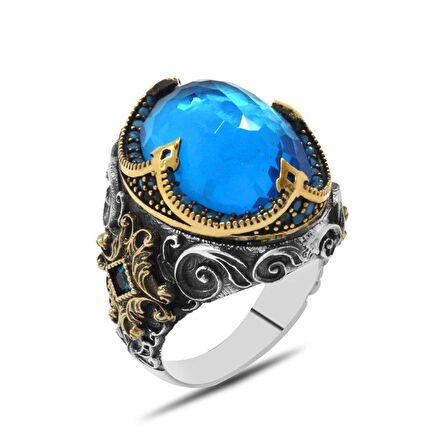 Faset Aqua Zirkon Taşlı Kral Tacı Tasarım 925 Ayar Gümüş Erkek Yüzük