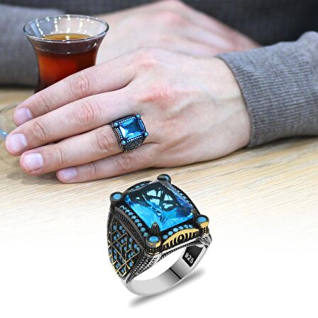 Baget Kesim Aqua Zirkon Taşlı Geometrik Tasarım 925 Ayar Gümüş Erkek Yüzük