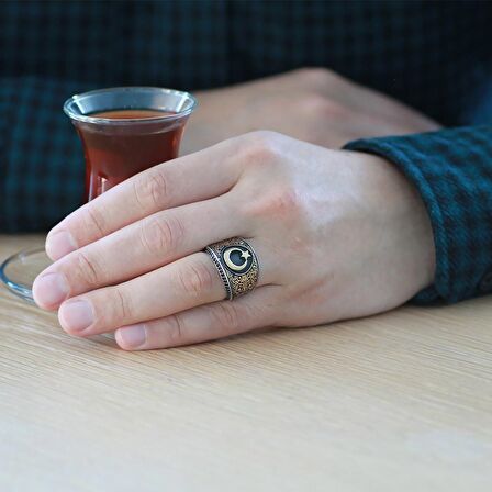 Mikro Siyah Zirkon Taş Mıhlamalı Ayyıldız Tasarım  925 Ayar Gümüş Erkek